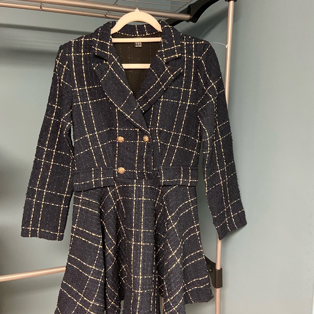 SHEIN Navy Tweed Blazer Skater Dress with Gold Buttons – Size S